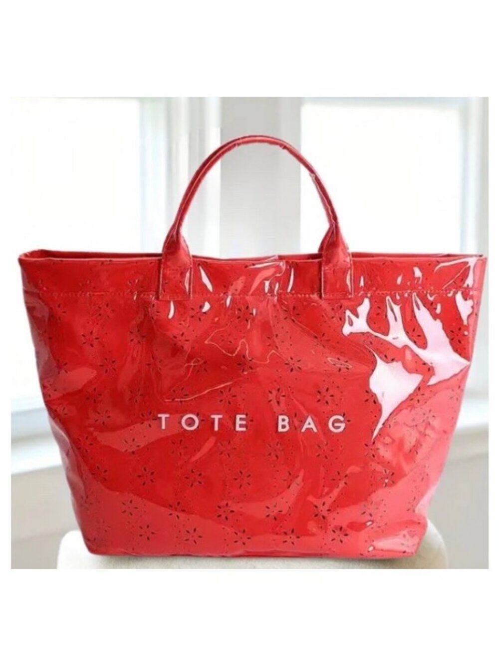 Large Red Patent Jelly Tote Bag Waterproof Flowers Shoulder Handbag Purse